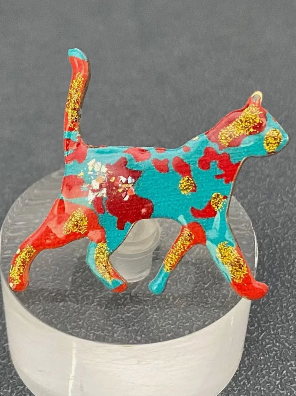 Colorful Enamel Cat Brooch in Teal and Red with Gold Accents NWT
